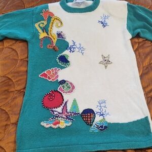 Vintage Joyce Beaded Seashell Sweater Grannycore, Teacher, Novelty Whimsy